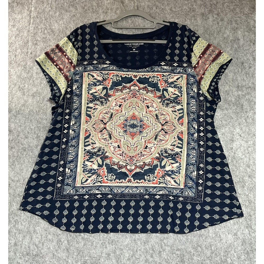 Lucky Brand Shirt Womens Plus 2X Blue Floral Short Sleeve Scoop Neck Boho Top